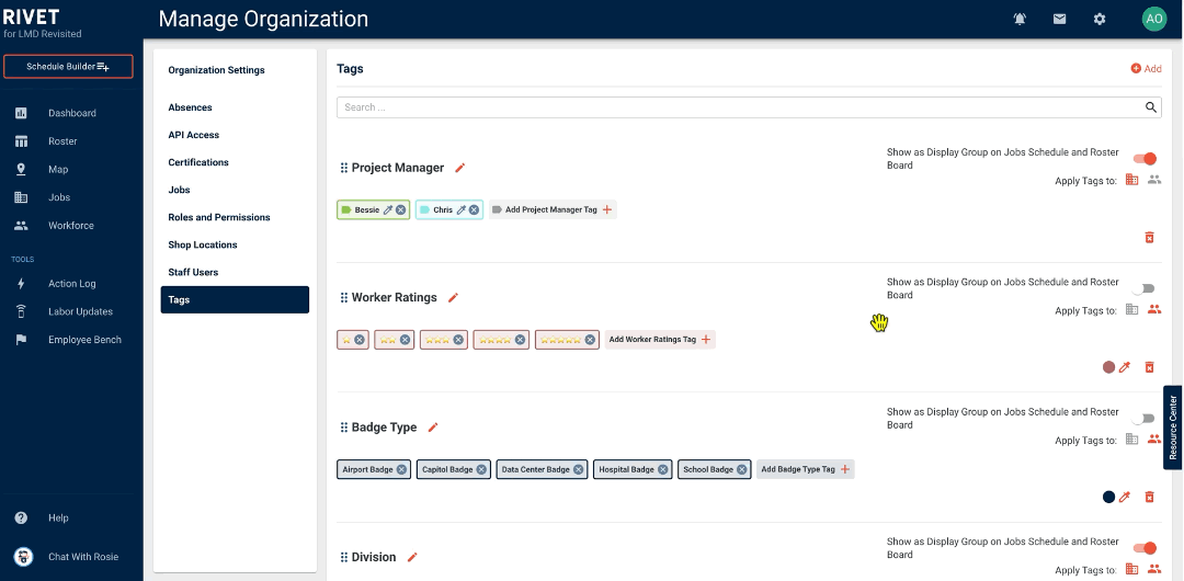 Manage Organization: Tags